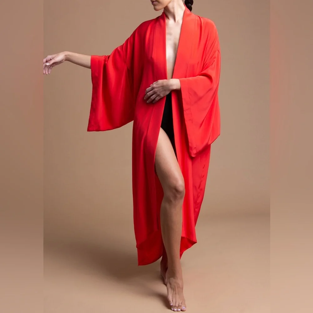 Designer Silk Red Long Kimono Robe NWT 100% Italian Silk One Size Mother’s Day! - Picture 1 of 5